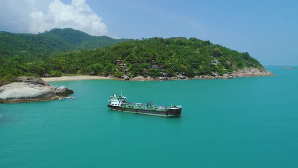 Ship in Turquoise Waters Aerial View of Ocean Bay