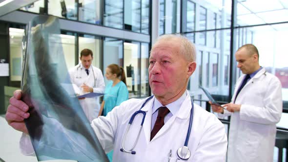 Doctor examining x-ray report in corridor