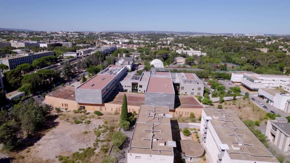 Drone shot of modern offices and apartments in Montpellier, France.