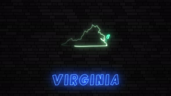 Commonwealth of Virginia map silhouette with a neon line on a dark brick wall background