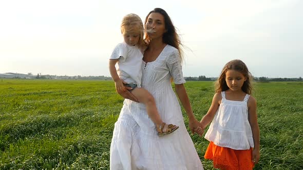 Happy Family, Mother and Her Little Daughters Walk on the Green Grass, Summer Evening