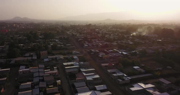 Sunrise over a crowded slum neighbourhood in Ethiopia, Africa. 4K