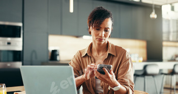 Phone, laptop and freelancer with woman at home for contact, client feedback and entrepreneur. Remo