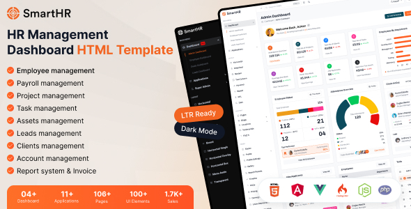 SmartHR - Html, Vue 3, Angular 18+ & Node HR Project Management & CRM Admin Dashboard Template