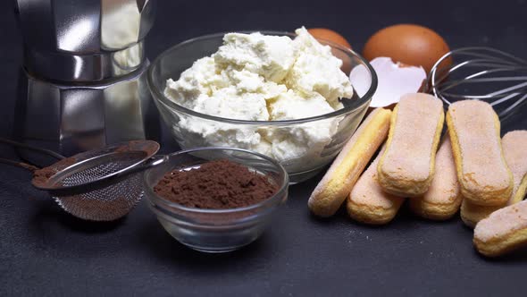 Ingredients for Cooking Tiramisu - Savoiardi Biscuit Cookies, Mascarpone, Cream, Sugar, Cocoa