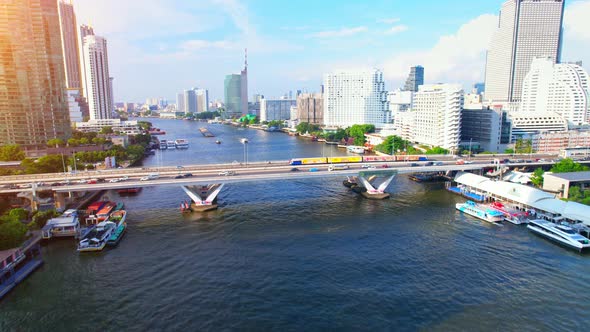 Aerial view over Bangkok city and Chao phraya river