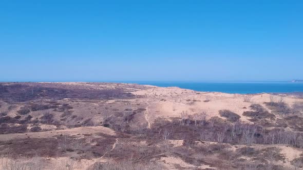 Sand dunes of Sleeping Bear Sand Dunes National Lakeshore in Michigan, Drone shot