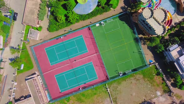 Drone view of the tennis court, football field