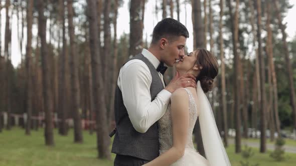Newlyweds Caucasian Groom with Bride Walking Embracing Hugs in Park Wedding Couple