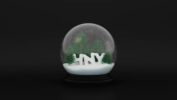 Glass Snow Ball with Happy New Year Pine Trees and Falling Snow Inside on Dark Backdrop