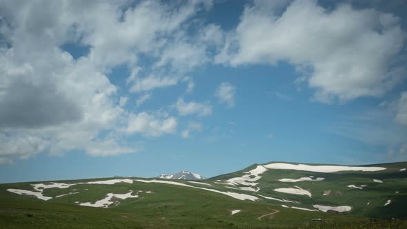 High Mountain Pastures Under a Blue Sky With Clouds