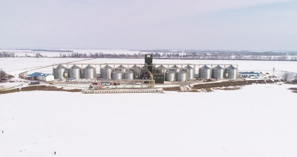 Aerial View of the Big Grain Elevator in Winter