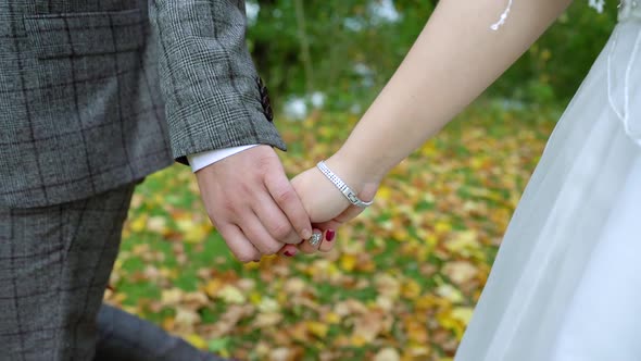  newlyweds hold hands and walk close-up