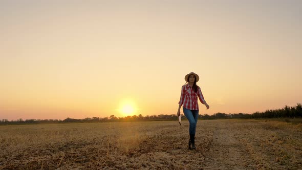 Farmer Walks at Sunset