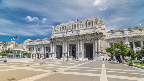 Front View of Milan Antique Central Railway Station Timelapse Hyperlapse
