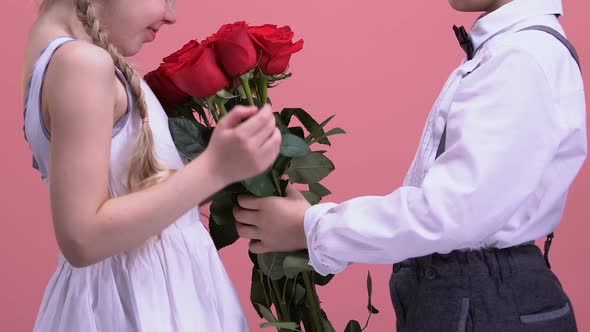 Young Gentleman Presenting Bouquet of Roses to His Lady, Valentines Day Gift