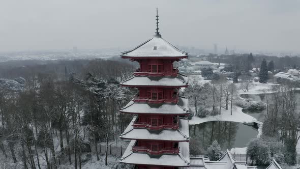 Aerial view of Japanese tower in Parc de Laeken, Brussel, Belgium.