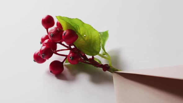 Video of christmas decorations with holly red berries and envelope on white background