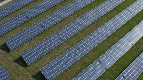 Aerial view of solar panels in solar farm, Bavaria, Germany