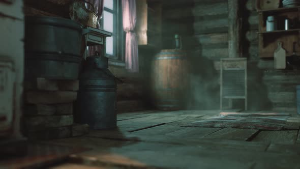 Dark Interior of Retro Log House alt