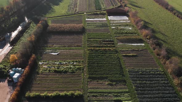 Aerial view of a biological dynamic farm in The Netherlands showing the diversity of its barns and c