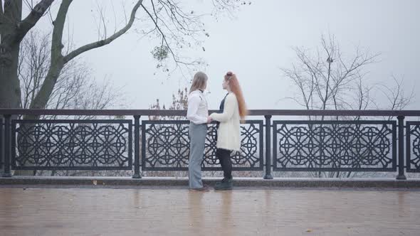 Wide Shot of Young Caucasian Couple Standing Face To Face at the Bridge and Talking