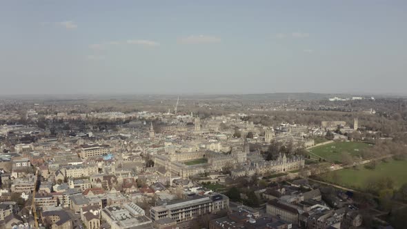 Wide circling drone shot of Central Oxford UK
