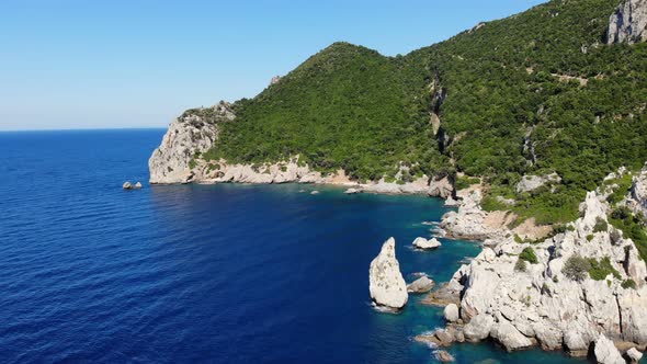 Aero. View From Above. Beautiful Summer Seascape. Rocky Beaches of Evia Island, Greece.