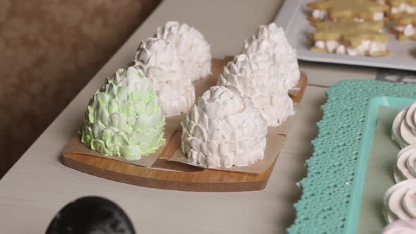 Marshmallow Cones. Marshmallows Are Spread Out On The Table Surface. Close Up Shot.