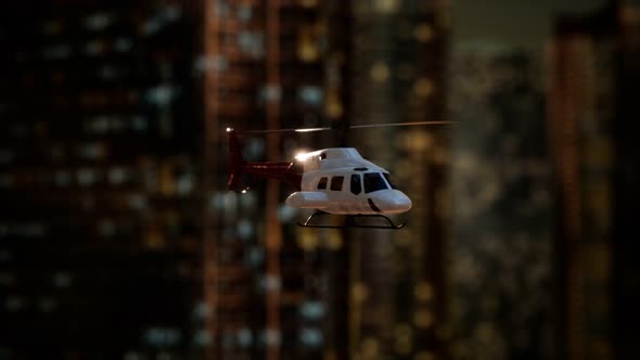 Slow Motion Helicopter Near Skyscrapers at Night