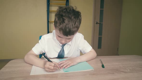 Schoolboy Does Homework Writes a Pen in a Notebook