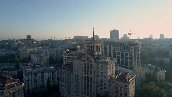 Aerial Drone Footage of the Building of the House with a Star in Kyiv