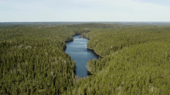 Aerial view overlooking lake Iso Helvetinjarvi, bright, sunny day, in Helvetinjarven kansallispuisto