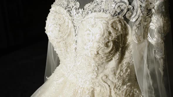 Closeup Lacy Cobweb White Wedding Dress