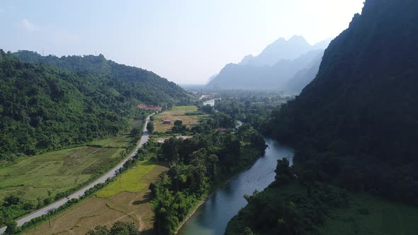 Landscape around the city of Vang Vieng in Laos seen from the sky