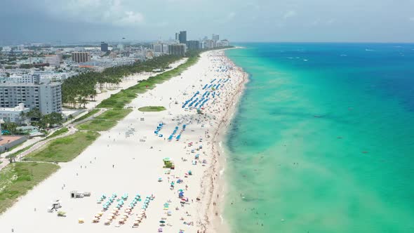 Miami Beach Top View Atlantic Ocean Beach with Colorful Beach Umbrellas  USA