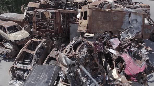 War in Ukraine a Dump of Shot and Burned Cars in Irpin