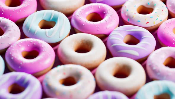 Pastel, colorful glazed donuts. Seamless looping animation. Sweet dessert.