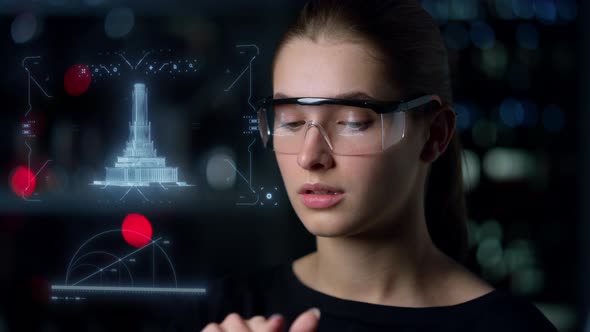 Hightech Glasses Woman Architect Inspecting Building Project Hologram Thinking