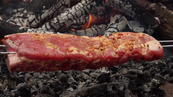 Closeup of the Juicy Delicious Ribs on the Skewers Placed Above the Coals