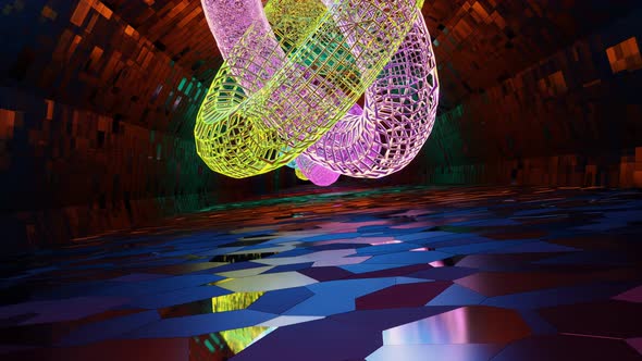 Abstract Neon Tunnel with Figures Flying Towards