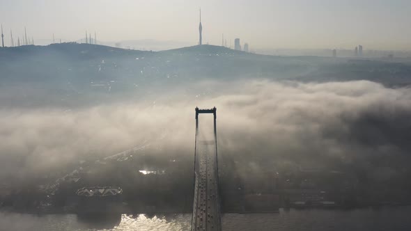 aerial video of bosphorus Bridge on a foggy day in Istanbul, Turkey. July 15 Martyrs Bridge 06