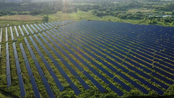 View of a solar power plant, rows of solar panels, solar panels, top view of a solar power