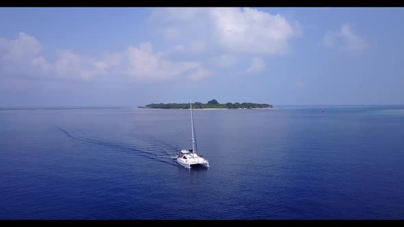 Aerial flying over scenery of marine island beach voyage by transparent sea and white sand backgroun