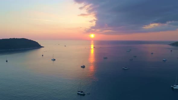 sail boats Aerial view drone fly over Phuket sea