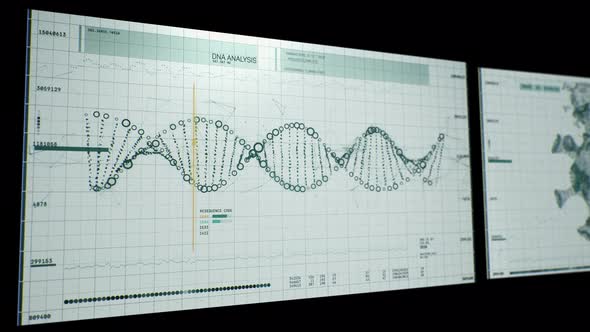 Genetic analysis of DNA helix at Two computer screens in medical research room alt