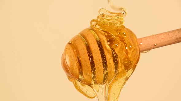 Pouring Fresh Honey on Wooden Dipper