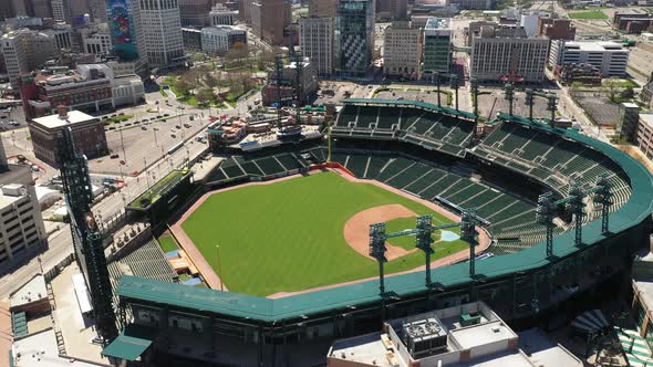 Comerica Park, home of the Detroit Tigers in Detroit, Michigan with drone video close up moving forw