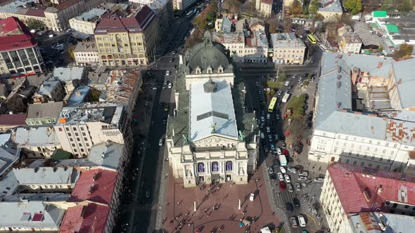 Aerial View of Lviv Opera and Balet Theatre in Lviv Old City Center. Ukraine, Europe