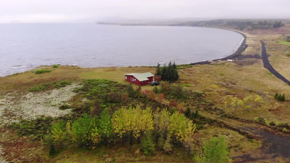 Aerial View of a Lake House Iceland